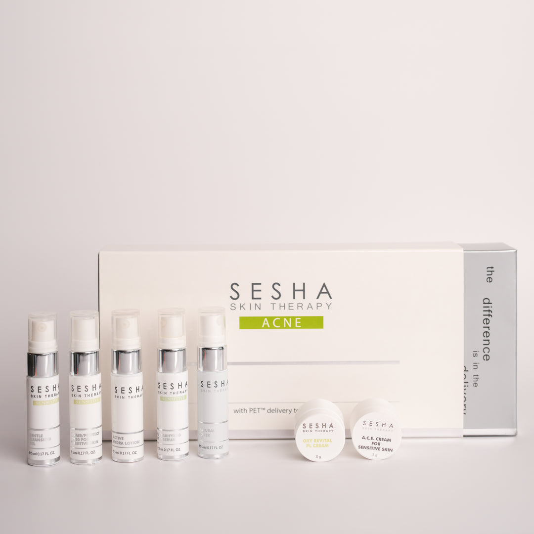 Professional acne travel trial kit from Sesha Skin Therapy, featuring science-based solutions for blemish control.