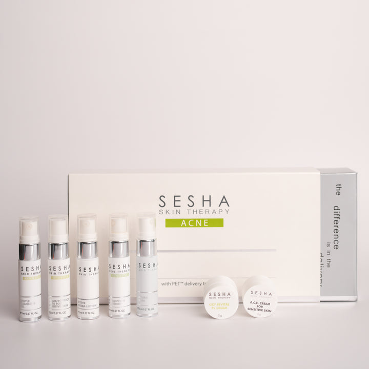 Professional acne travel trial kit from Sesha Skin Therapy, featuring science-based solutions for blemish control.