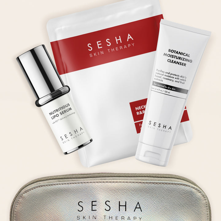 Dry skin - Botanical Moisturizing Cleanser, Nutritious Lipo serum, Free Gift: Neck & Decolletage Mask, and Holo Bag
