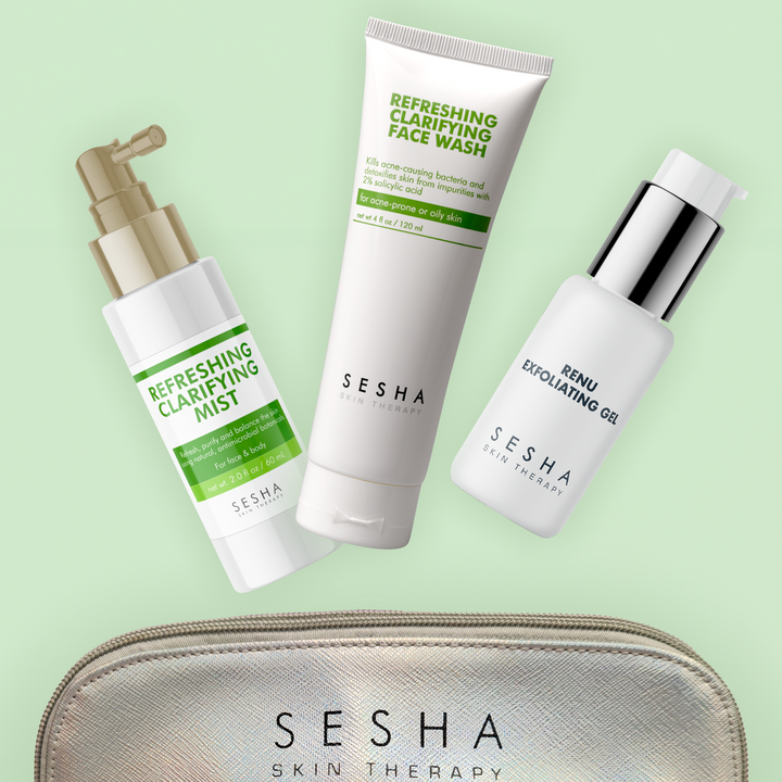 Oily skin - RENU Exfoliating Gel, Clarifying Face Wash, Gift: Refreshing Clarifying mist, Holo Bag