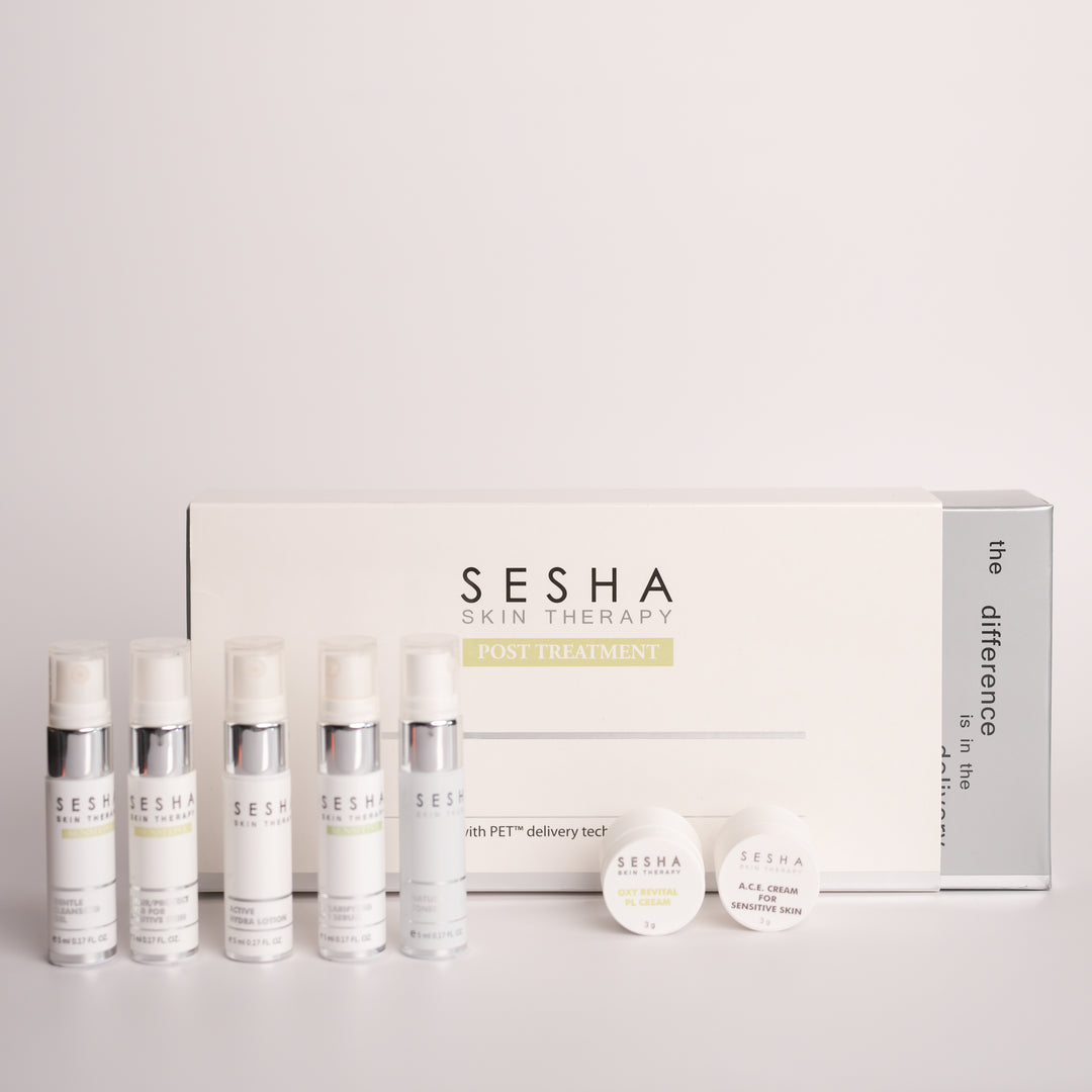 Best post-treatment skincare travel kit by Sesha Skin Therapy, designed for sensitive and treated skin."